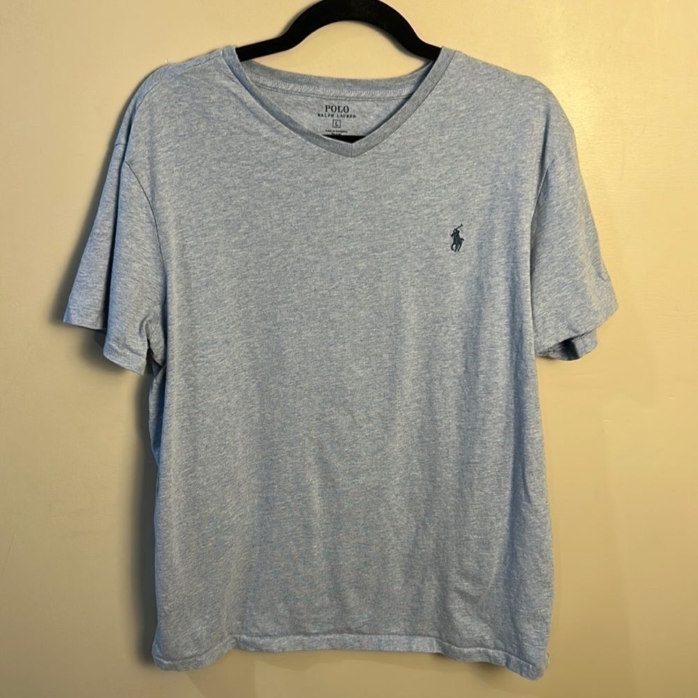Polo Ralph Lauren V-Neck Tee Light Blue Heathered Navy Pony Logo Men's Size L